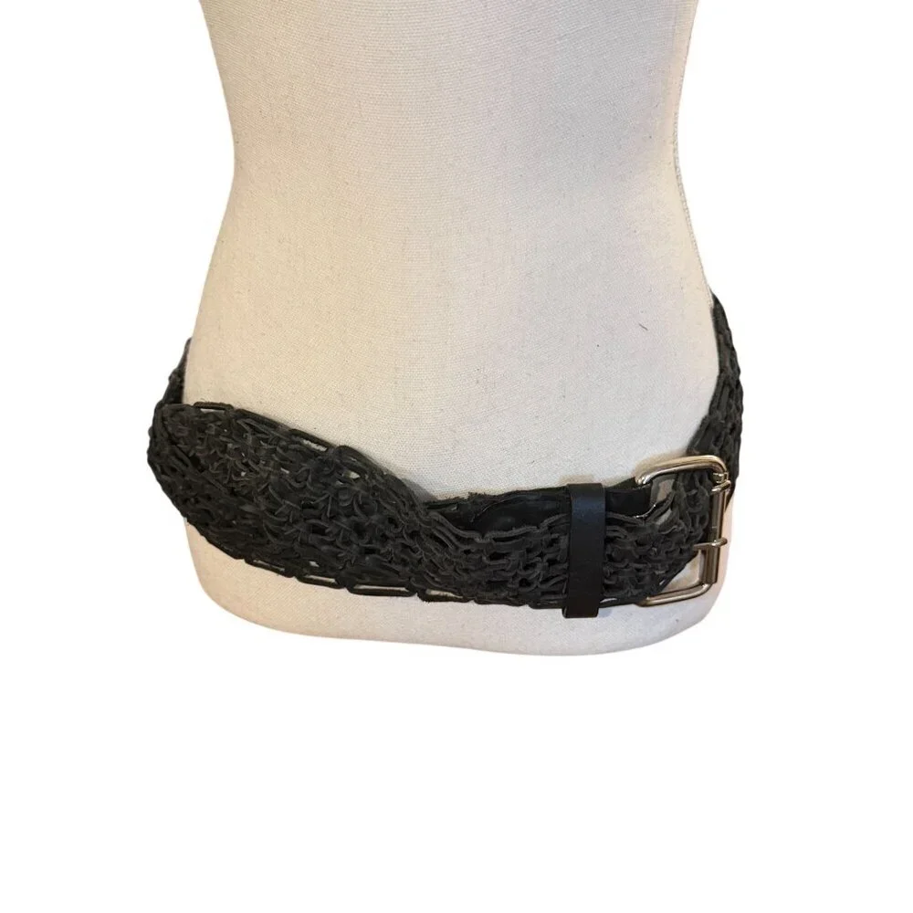 Mango MNG Braided Black Leather Statement Belt Silver Buckle Wide Woven
